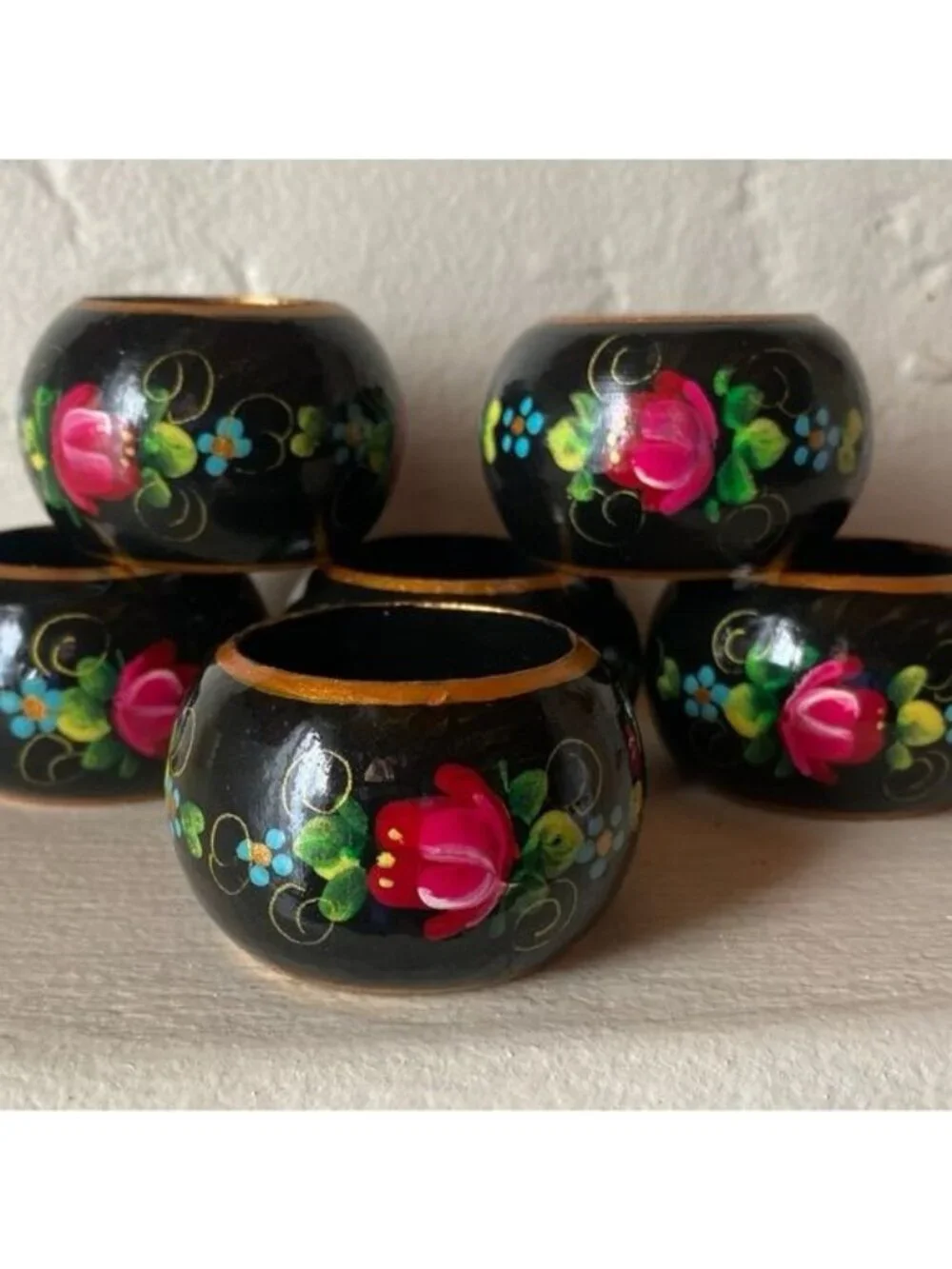 Russian Hand Painted Black Laquered Wood Floral Napkin Rings